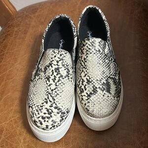 New Quip Slip-on Platform Shoes. Stone and Black Faux Leather Snake Print